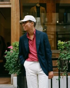 Pink Knitted Linen-Cotton Short-Sleeve Polo Shirt -Drakes Shop 233400010006