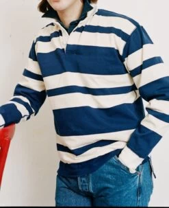 Navy And Ecru Stripe Cotton Rugby Shirt -Drakes Shop 398990380010