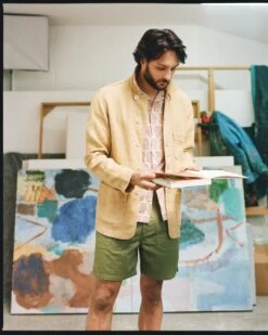 Olive Herringbone Cotton Fatigue Shorts -Drakes Shop 417100060010