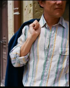 Ecru, Green And Purple Track Stripe Linen Spread Collar Shirt -Drakes Shop 418690680004