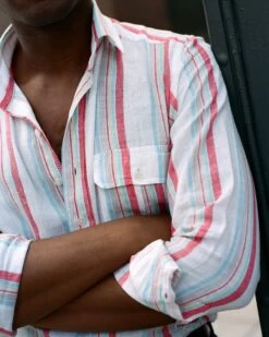 Ecru, Red And Blue Track Stripe Linen Spread Collar Shirt 17 Ecru, Red And Blue Track Stripe Linen Spread Collar Shirt -Drakes Shop 422480180008