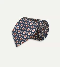 Navy And Red Geometric Medallion Print Silk Foulard Tie -Drakes Shop DR1AA1 22791 01 251 3
