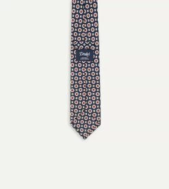 Navy And Red Geometric Medallion Print Silk Foulard Tie -Drakes Shop DR1AA1 22791 01 251 6
