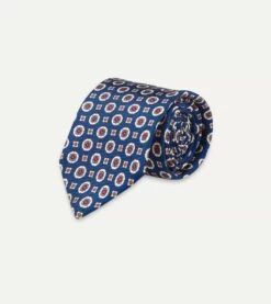 Blue And Red Geometric Medallion Print Silk Foulard Tie -Drakes Shop DR1AA1 22791 02 201 3