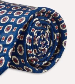 Blue And Red Geometric Medallion Print Silk Foulard Tie -Drakes Shop DR1AA1 22791 02 201 4