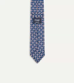Blue And Red Geometric Medallion Print Silk Foulard Tie -Drakes Shop DR1AA1 22791 02 201 6