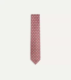 Red And Blue Geometric Medallion Print Silk Foulard Tie