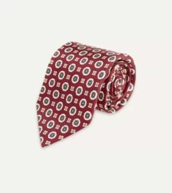 Red And Blue Geometric Medallion Print Silk Foulard Tie -Drakes Shop DR1AA1 22791 03 701 3