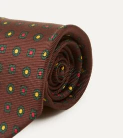 Brown And Green Geometric Medallion Print Madder Twill Silk Tie -Drakes Shop DR1AA1 22794 05 301 3