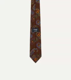 Brown Large Paisley Print Silk Self Tipped Tie -Drakes Shop DR1AA121004 06500 4