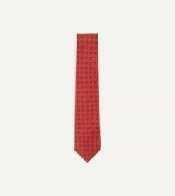 Red And Green Geometric Medallion Print Madder Twill Silk Tie