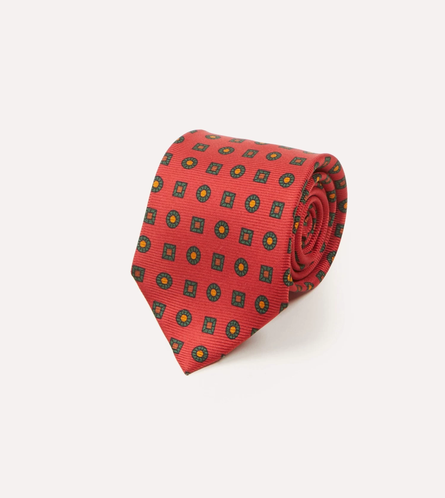Red And Green Geometric Medallion Print Madder Twill Silk Tie 4 Red And Green Geometric Medallion Print Madder Twill Silk Tie - Image 2