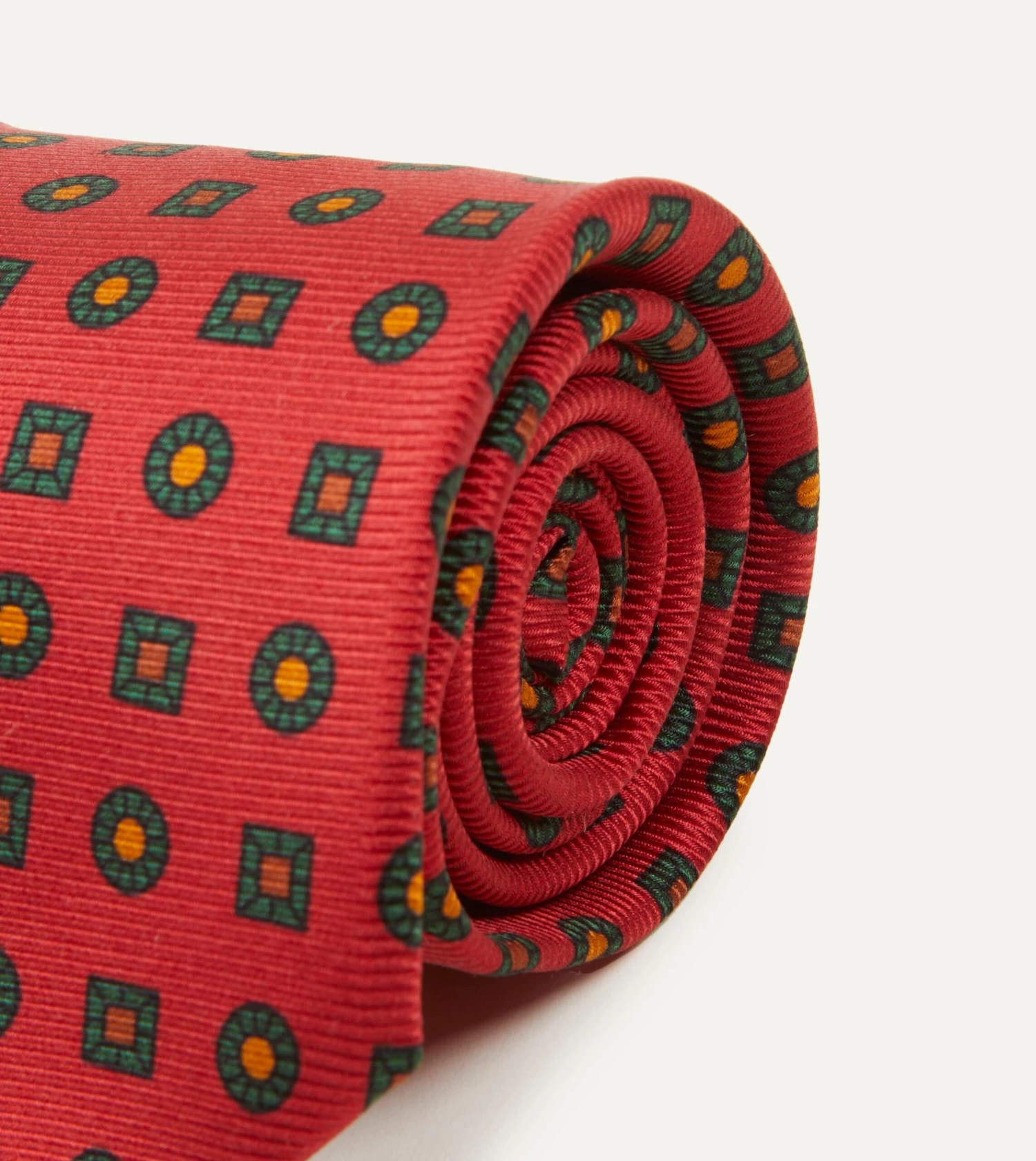 Red And Green Geometric Medallion Print Madder Twill Silk Tie 5 Red And Green Geometric Medallion Print Madder Twill Silk Tie - Image 3