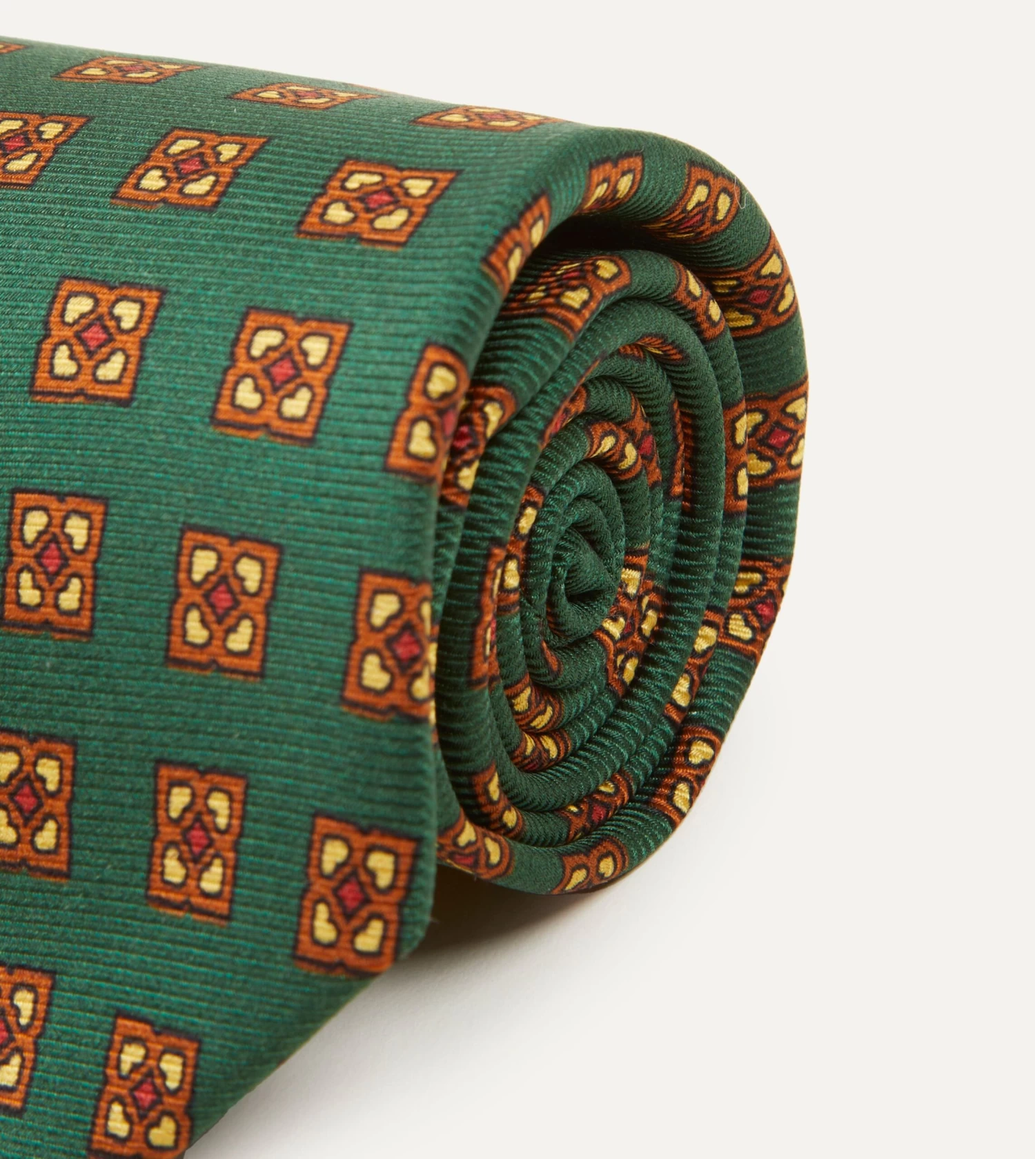 Green And Gold Diamond Medallion Print Madder Twill Silk Tie 5 Green And Gold Diamond Medallion Print Madder Twill Silk Tie - Image 3