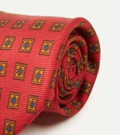 Red And Green Diamond Medallion Print Madder Twill Silk Tie -Drakes Shop DR1AA122797 03701 3