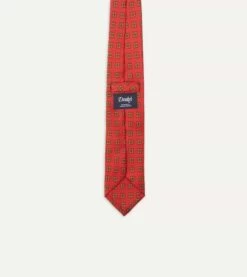 Red And Green Diamond Medallion Print Madder Twill Silk Tie -Drakes Shop DR1AA122797 03701 5