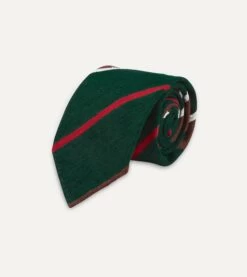 Green, Brown And White Stripe Shantung Silk Tie -Drakes Shop DR1AA2 22771 05 402 3