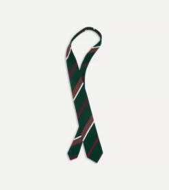 Green, Brown And White Stripe Shantung Silk Tie -Drakes Shop DR1AA2 22771 05 402 5