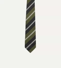 Green, Navy And White Regimental Stripe Mogador Tipped Tie -Drakes Shop DR1AAN23132 02402 3