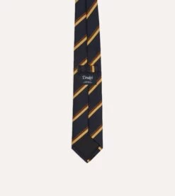Navy, Gold And Brown Regimental Stripe Mogador Tipped Tie 8 Navy, Gold And Brown Regimental Stripe Mogador Tipped Tie -Drakes Shop DR1AAN24111 01 252 4