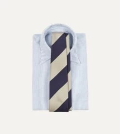 Navy And Ecru Wide Stripe Repp Silk Tipped Tie -Drakes Shop DR1AAN24119 03252 2