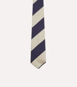 Navy And Ecru Wide Stripe Repp Silk Tipped Tie -Drakes Shop DR1AAN24119 03252 3