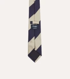 Navy And Ecru Wide Stripe Repp Silk Tipped Tie -Drakes Shop DR1AAN24119 03252 4