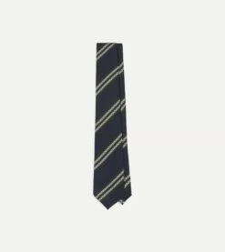 Navy, Green And White Double Stripe Silk Grenadine Tie