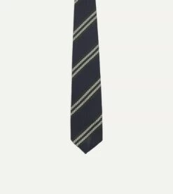 Navy, Green And White Double Stripe Silk Grenadine Tie -Drakes Shop DR1AAR23137 01252 3