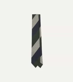 Navy, Green And White Wide Stripe Silk Grenadine Tie