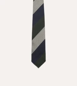 Navy, Green And White Wide Stripe Silk Grenadine Tie -Drakes Shop DR1AAR23137 02402 3