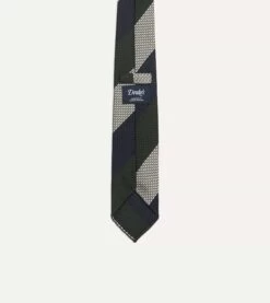 Navy, Green And White Wide Stripe Silk Grenadine Tie -Drakes Shop DR1AAR23137 02402 4