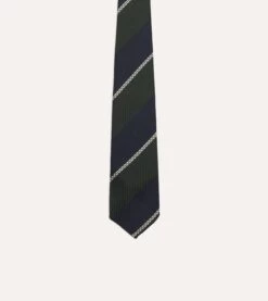 Navy, Green And White Stripe Silk Grenadine Tie -Drakes Shop DR1AAR23137 03252 3