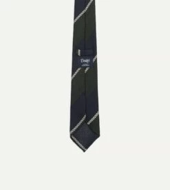Navy, Green And White Stripe Silk Grenadine Tie -Drakes Shop DR1AAR23137 03252 4