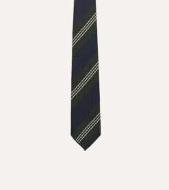 Navy, Green And White Multi Stripe Silk Grenadine Tie 9 Navy, Green And White Multi Stripe Silk Grenadine Tie -Drakes Shop DR1AAR23137 04402 3