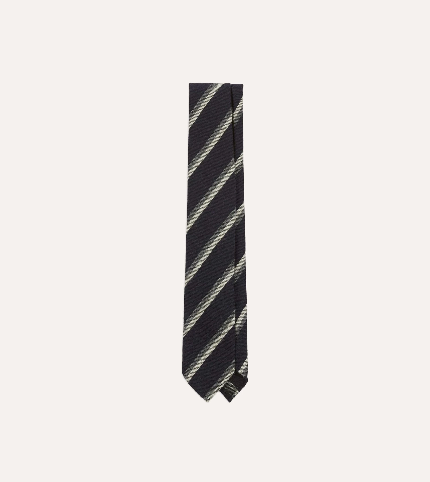 Black And Grey Sandwich Stripe Hand Rolled Shetland Wool Tie 3 Black And Grey Sandwich Stripe Hand Rolled Shetland Wool Tie