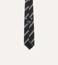 Black And Grey Sandwich Stripe Hand Rolled Shetland Wool Tie 8 Black And Grey Sandwich Stripe Hand Rolled Shetland Wool Tie -Drakes Shop DR1AAR23579 02102 4