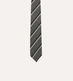 Grey And Navy Sandwich Stripe Hand Rolled Shetland Wool Tie -Drakes Shop DR1AAR23579 03602 3