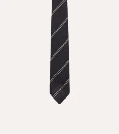Navy And Silver Sandwich Stripe Hand Rolled Silk Grenadine Tie -Drakes Shop DR1AAR23581 01252 3