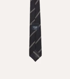 Navy And Silver Sandwich Stripe Hand Rolled Silk Grenadine Tie -Drakes Shop DR1AAR23581 01252 4