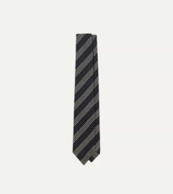 Navy And Silver Stripe Hand Rolled Large Knot Grenadine Tie