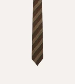 Brown And Green Sandwich Stripe Hand Rolled Wool Tie -Drakes Shop DR1AAR23587 03302 3