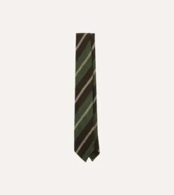 Brown And Green Block Stripe Herringbone Hand Rolled Shetland Wool Tie