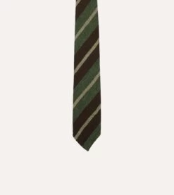 Brown And Green Block Stripe Herringbone Hand Rolled Shetland Wool Tie -Drakes Shop DR1AAR23588 02402 3