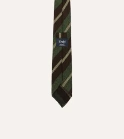 Brown And Green Block Stripe Herringbone Hand Rolled Shetland Wool Tie -Drakes Shop DR1AAR23588 02402 4