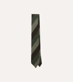 Brown And Green Thick Stripe Herringbone Hand Rolled Shetland Wool Tie