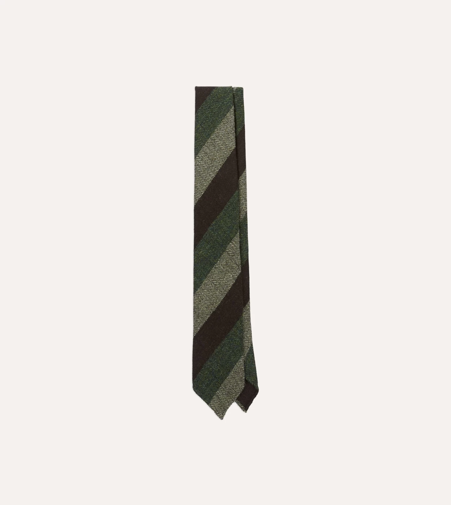 Brown And Green Thick Stripe Herringbone Hand Rolled Shetland Wool Tie 3 Brown And Green Thick Stripe Herringbone Hand Rolled Shetland Wool Tie