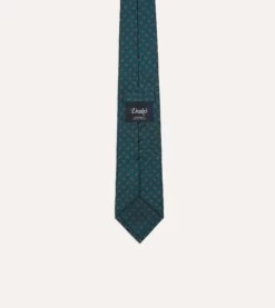 Green Mini Paisley Leaf Print Silk Twill Self Tipped Tie -Drakes Shop DR1AAS23576 03401 4