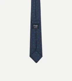Navy And Green Paisley Leaf Print Silk Tipped Tie -Drakes Shop DR1AAS24097 02 250 4