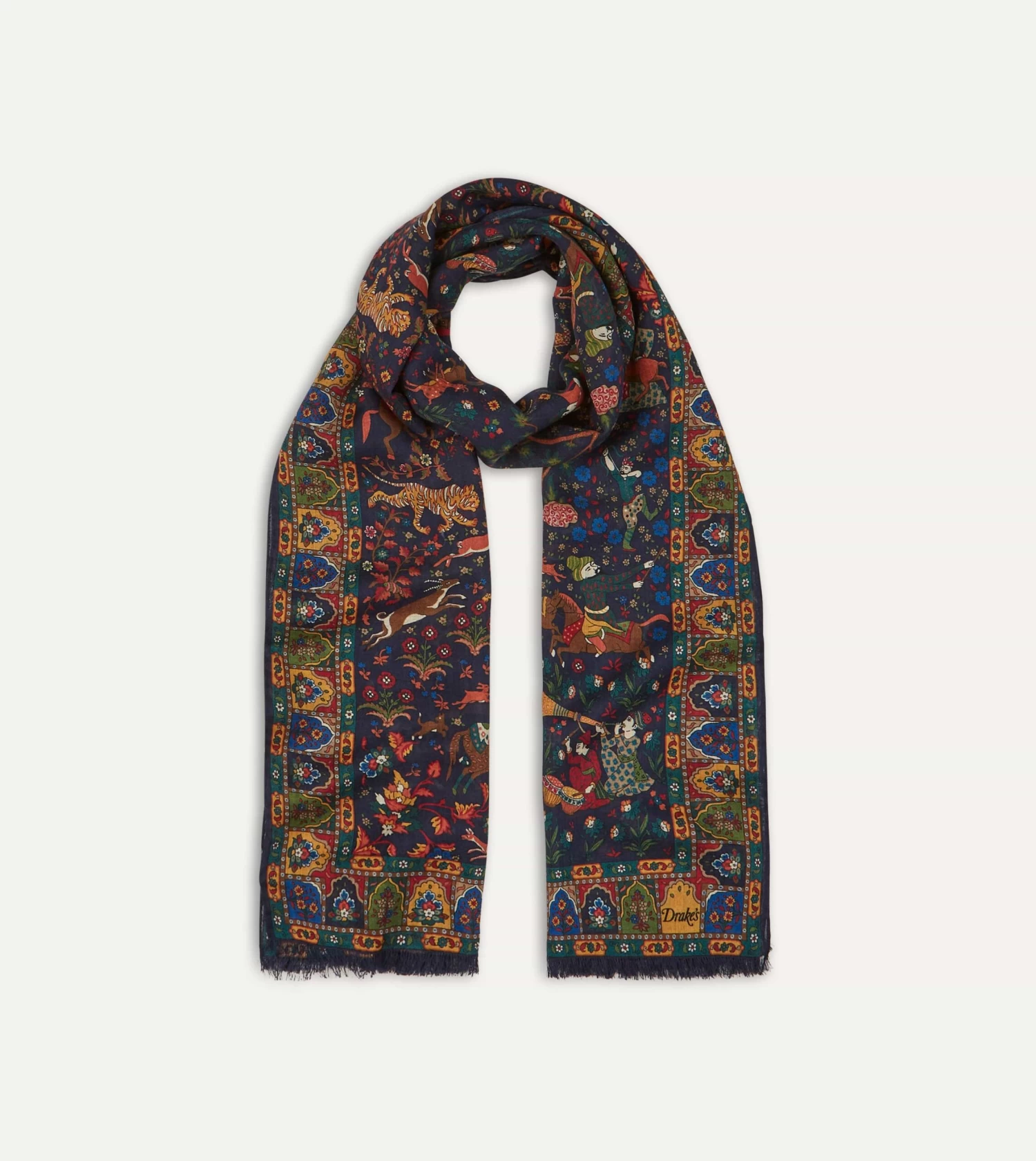 Navy Mughal Hunter Print Wool-Silk Scarf 3 Navy Mughal Hunter Print Wool-Silk Scarf